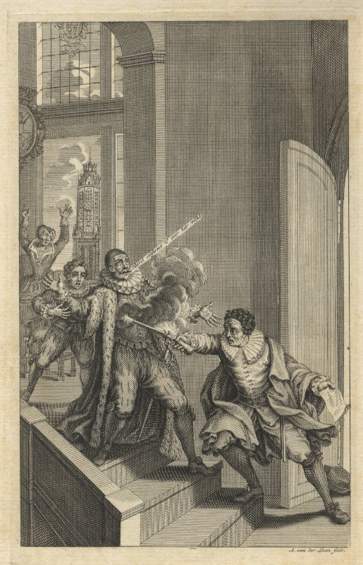 afbeelding van prent Moord op Willem van Oranje van A. van der Laan, naar Jan Luyken, naar Romeyn de Hooghe (Politici, Adel, )
