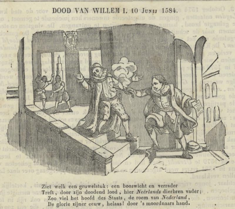 afbeelding van prent Dood van Willem I, 10 junij 1584 van nn (Politici, Adel, )