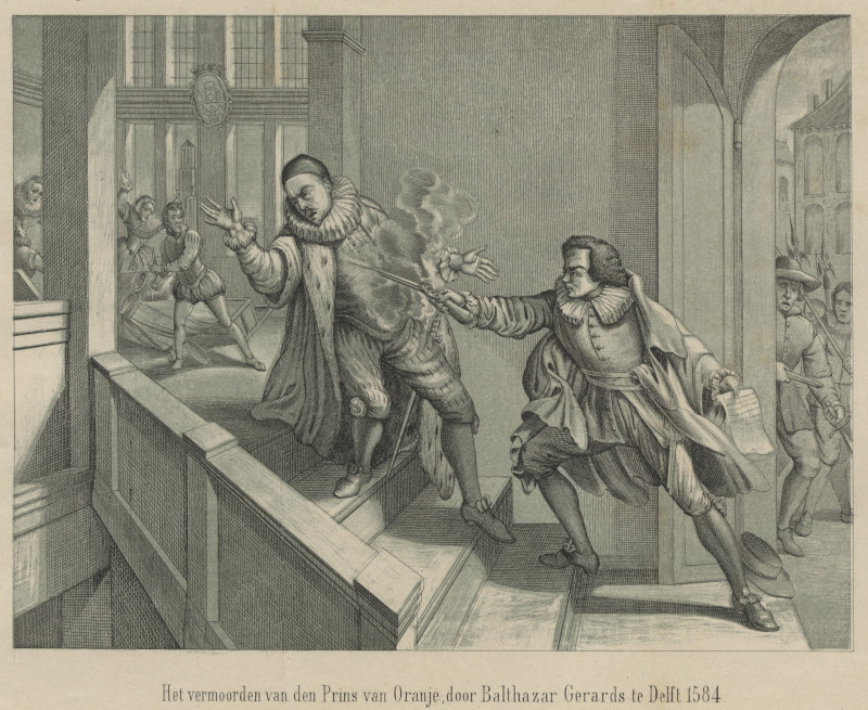 afbeelding van prent Het vermoorden van den Prins van Oranje, door Balthazar Gerards te Delft 1584 van nn (Politici, )