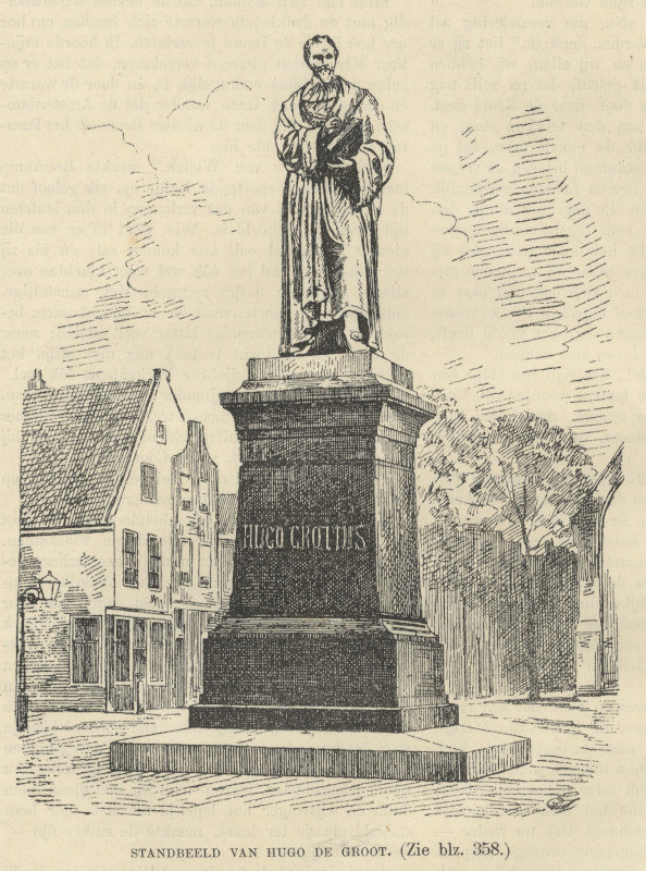 afbeelding van prent Standbeeld van Hugo de Groot van nn (Schrijvers, )