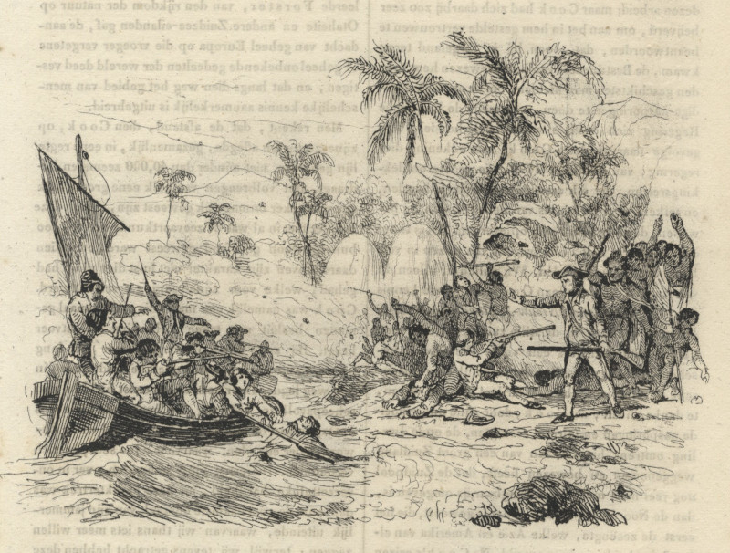 afbeelding van prent De Dood van James Cook van nn (Hawaii)
