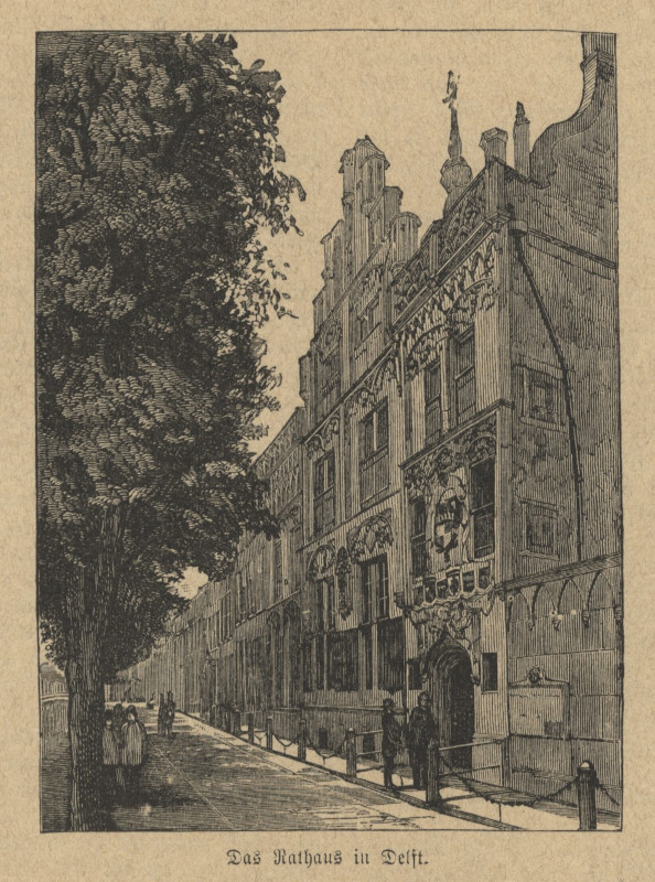 afbeelding van prent Das Rathaus in Delft van nn (Delft)
