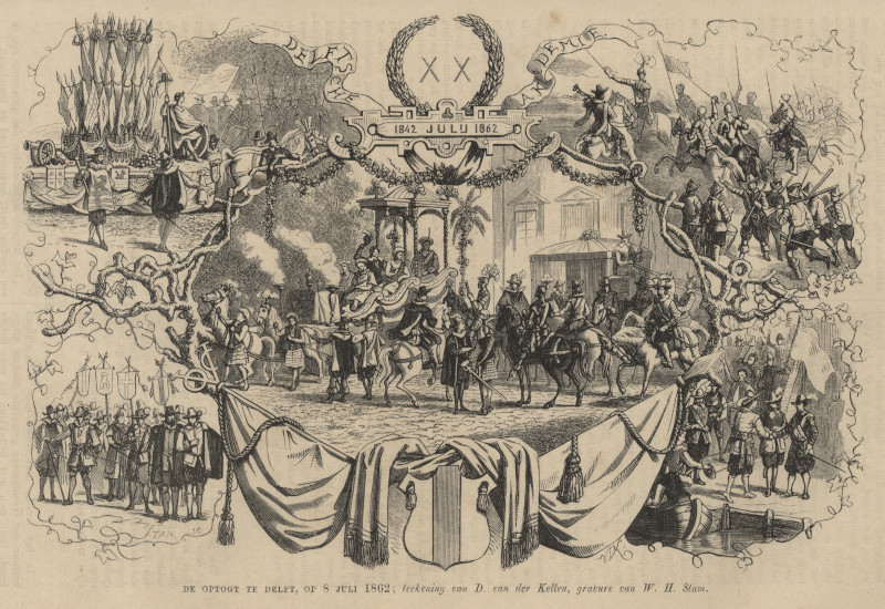 afbeelding van prent De Optogt te Delft, op 8 Juli 1862 van W.H. Stam naar D. van der Kellen (Delft)