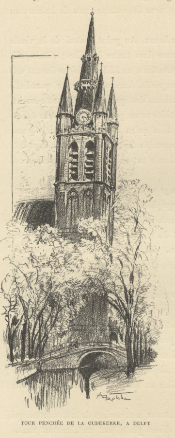 afbeelding van prent Tour penchée de la Oudekerke, a Delft van A. Rotida (Delft)