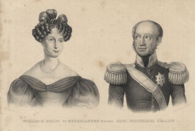 afbeelding van prent Willem II Koning der Nederlanden benevens Zijne Vorstelijke Gemalin van K.W. Last, Joh. Noman en Zoon (Adel, )