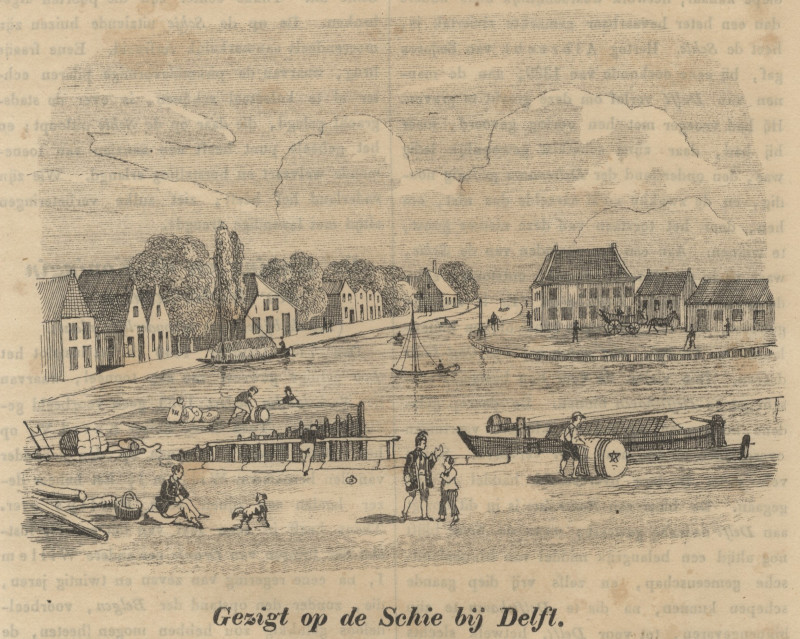 afbeelding van prent Gezigt op de Schie bij Delft van nn (Delft)
