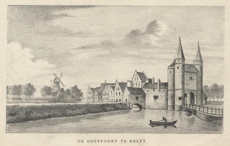 afbeelding van prent De Oostpoort te Delft van nn (Delft)