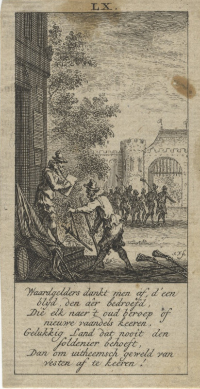afbeelding van prent Waardgelders dankt men af, d´een blyd, den aer bedroefd.. van S. Fokke (Utrecht) afbeelding van prent Waardgelders dankt men af, d´een blyd, den aer bedroefd.. van S. Fokke (Utrecht)