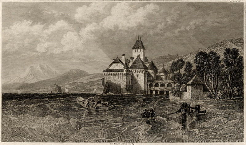 afbeelding van prent Chateau Chillon am Genfer See van Ch. Daumerlang (Lake Geneva, Genfer See, Lac de Geneve)