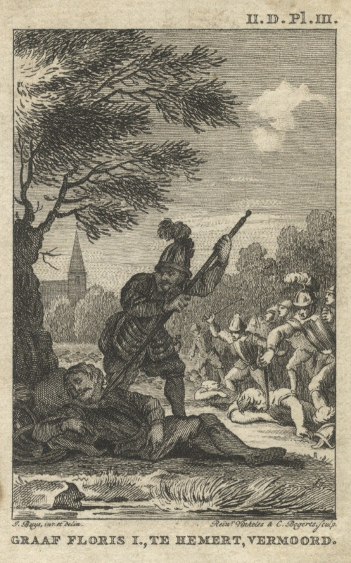 afbeelding van prent Graaf Floris I., te Hemert, vermoord van R. Vinkeles en C. Bogerts, naar J. Buys (Adel, )