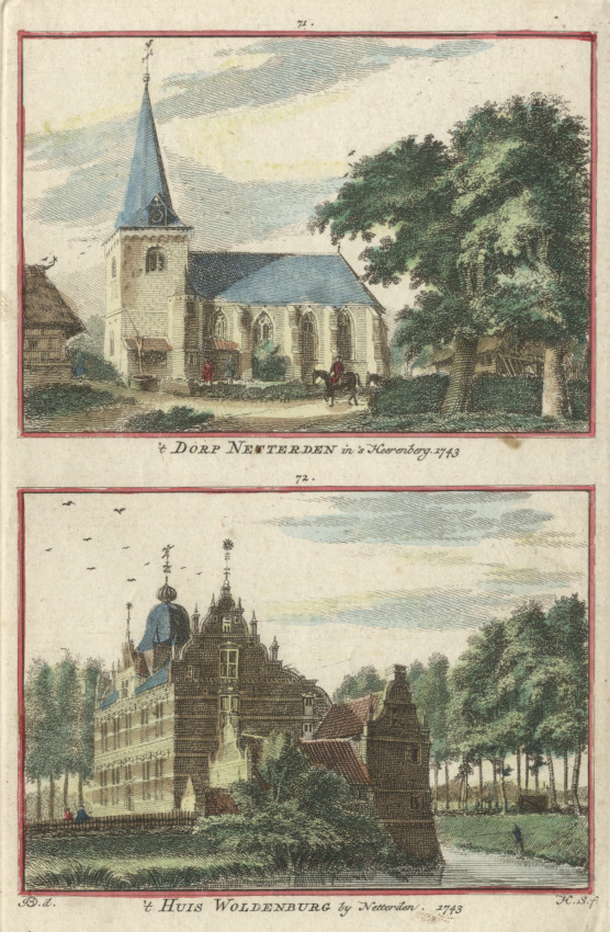 afbeelding van prent 	´t Dorp Netterden in ´s Heerenberg; ´t Huis Woldenburg by Netterden 1743 van H. Spilman naar J. de Beijer (Netterden)