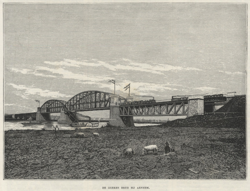 afbeelding van prent De IJzeren Brug bij Arnhem van nn (Arnhem)