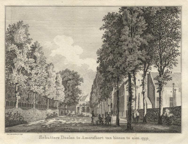 afbeelding van prent Schutters Doelen te Amersfoort van binnen te zien. 1759 van P. van Liender (Amersfoort)