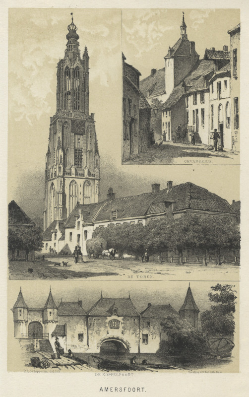 afbeelding van prent Gevangenis, De Toren, De Koppelpoort Amersfoort van P.A. Schipperus (Amersfoort)