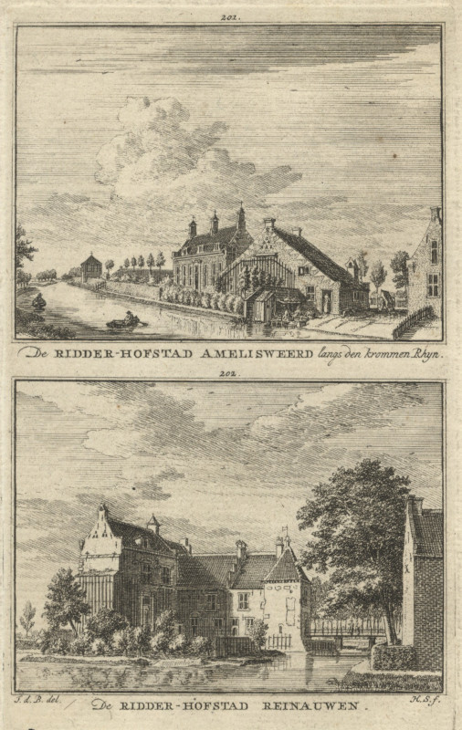 afbeelding van prent De Ridder-Hofstad Amelisweerd langs den krommen Rhyn; De Ridder-Hofstad Reinauwen van H. Spilman naar J. de Beijer (Bunnik)