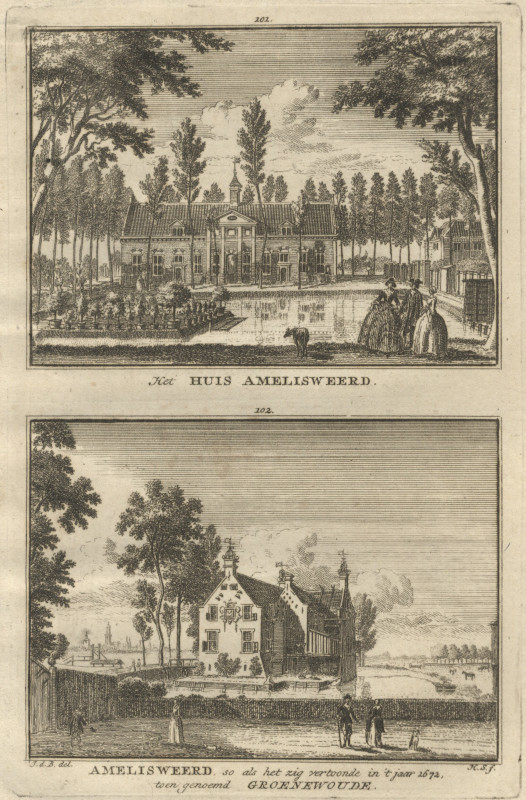 afbeelding van prent Het Huis Amelisweerd; Amelisweerd, so als het zig vertoonde in ´t jaar 1672 toen genoemd Groen van H. Spilman naar J. de Beijer (Bunnik)