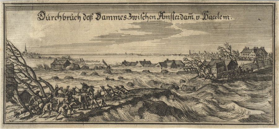 afbeelding van prent Durchbruch des Dammes zwischen Amsterdam v. Haerlem van nn (Amsterdam)