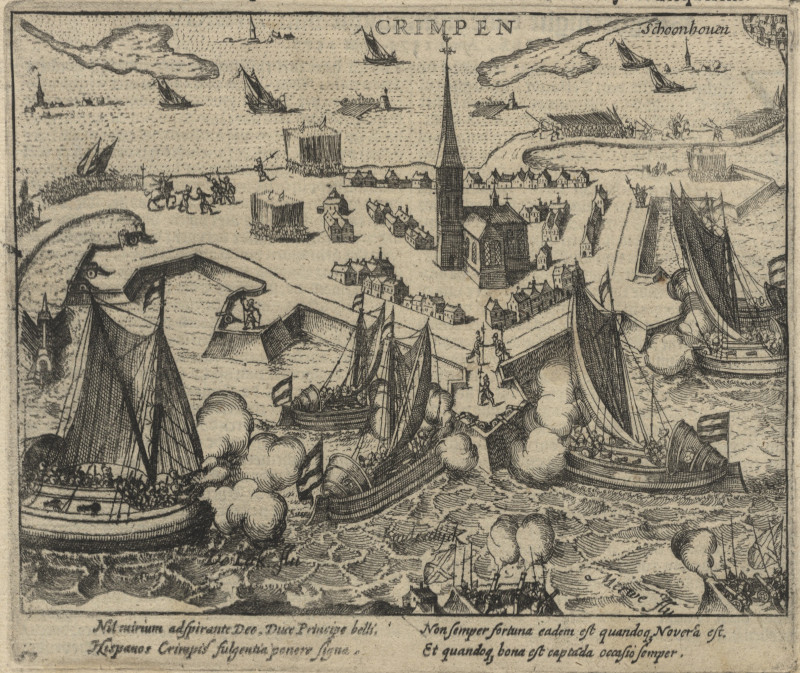 afbeelding van vogelvlucht Krimpen. Onder Coningh Philips II ende hte Gourvernement van Don Loys de Requesens van W. Baudartius, naar F. Hogenberg (Krimpen aan de Lek)