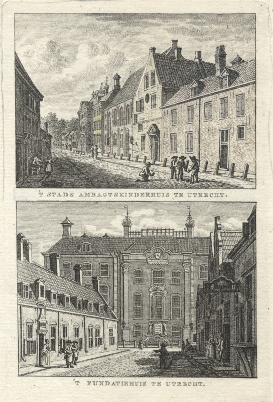 afbeelding van prent ´t Stads Ambagtskinderhuis te Utrecht; ´t Fundatiehuis te Utrecht van K.F. Bendorp naar J. Bulthuis (Utrecht)