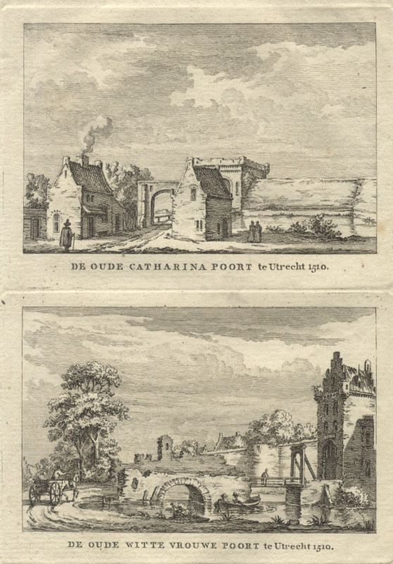 afbeelding van prent De Oude Catharina Poort te Utrecht; De Oude Witte Vrouwe Poort te Utrecht 1510 van nn (Utrecht)