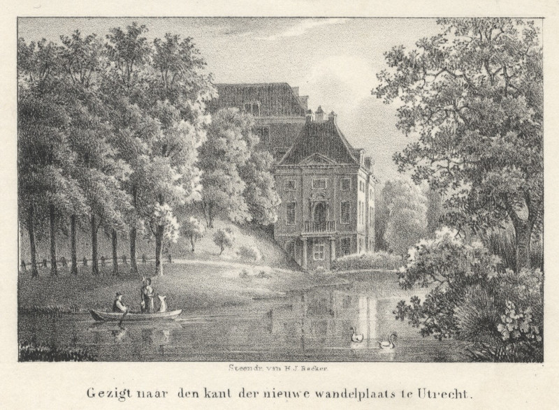afbeelding van prent Gezigt naar den kant der nieuwe wandelplaats te Utrecht van H.J. Backer (Utrecht)