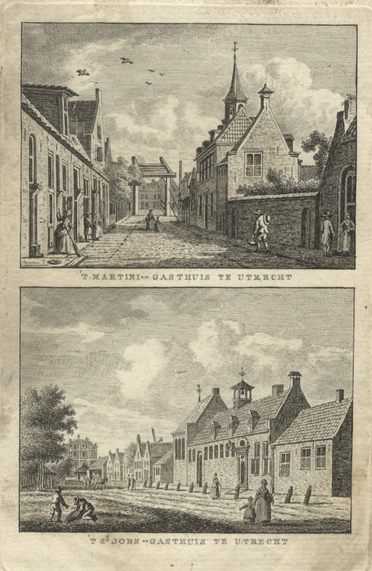 afbeelding van prent &acute;t Martini-Gasthuis te Utrecht; &acute;t Sint Jobs-Gasthuis te Utrecht van K.F. Bendorp naar J. Bulthuis (Utrecht)