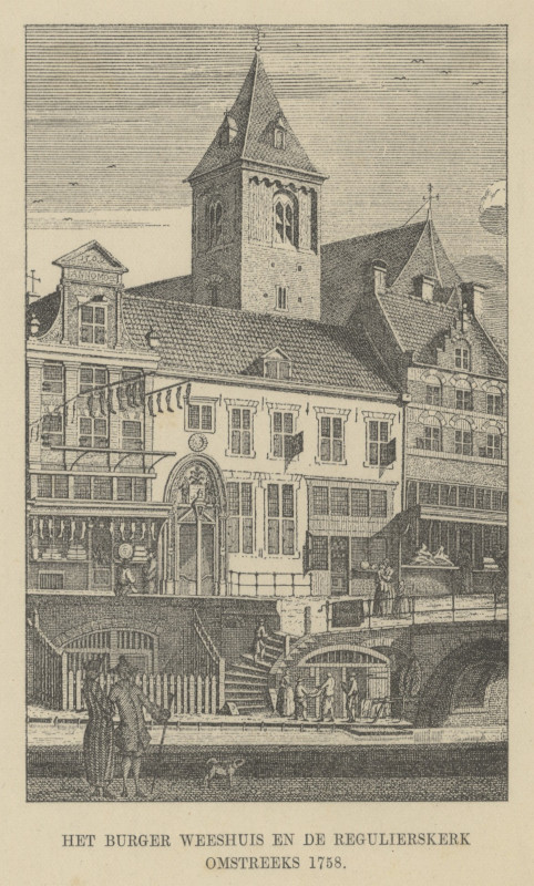 afbeelding van prent Het Burger Weeshuis en de Regulierskerk omstreeks 1758 van nn naar C.J. Philips, naar Jan de Beijer (Utrecht)