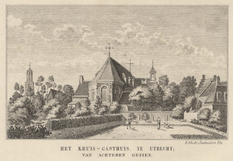 afbeelding van prent Het Kruis-Gasthuis, te Utrecht; van achteren gezien van nn naar H. Spilman (Utrecht)