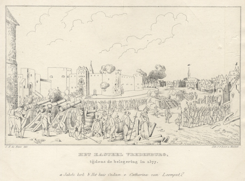 afbeelding van prent Het Kasteel Vredenburg, tijdens de belegering in 1577 van J.H. de Haas, T.P. Roest, naar Cornelis Droochsloot (Utrecht)