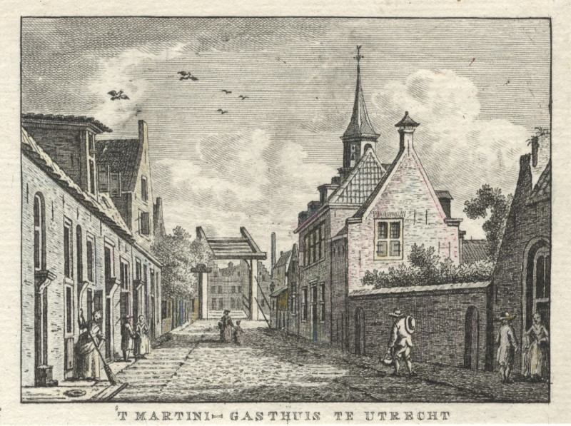 afbeelding van prent &acute;t Martini-Gasthuis te Utrecht van K.F. Bendorp naar J. Bulthuis (Utrecht)