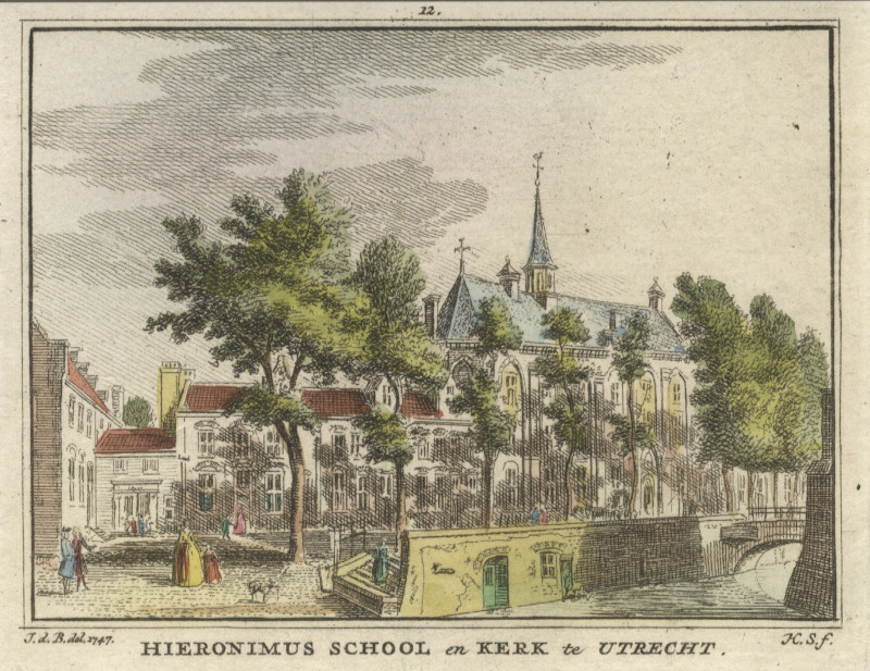 afbeelding van prent Hieronimus school en kerk te Utrecht van H. Spilman naar J. de Beijer (Utrecht)