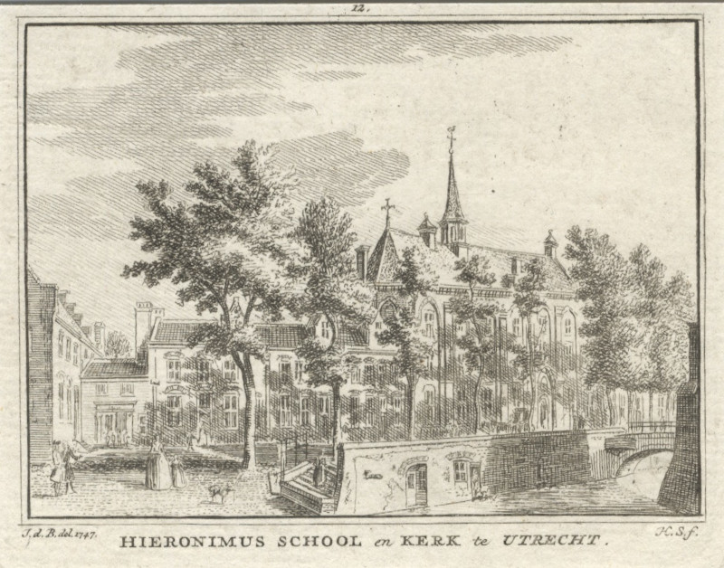afbeelding van prent Hieronimus school en kerk te Utrecht van H. Spilman naar J. de Beijer (Utrecht)