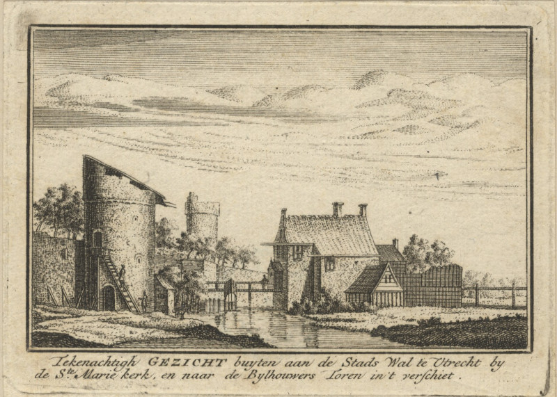 afbeelding van prent Tekenachtigh gezicht buyten aan de Stads Wal te Utrecht by de Ste. Marie Kerk van A. Rademaker (Utrecht)