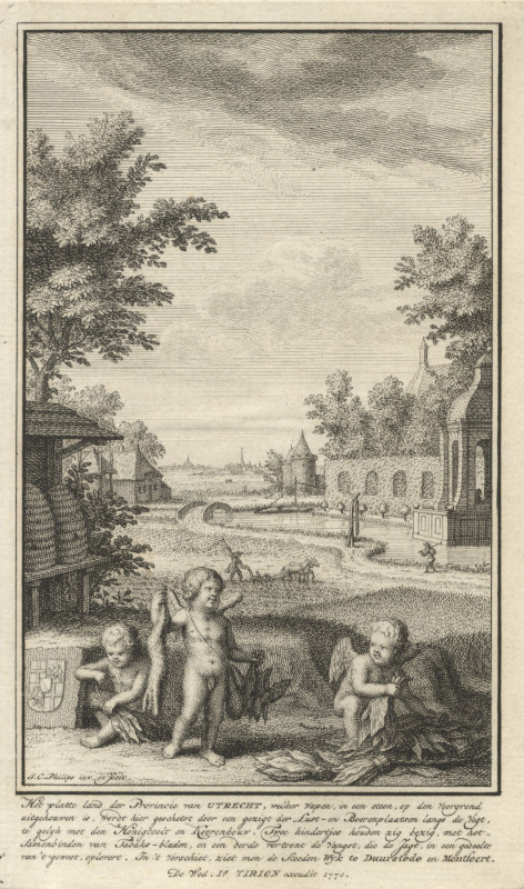afbeelding van prent Het platte land der Provincie van Utrecht, welker wapen, in een steen, op den voorgrond uitgehouwen  van J.C. Philips (Utrecht)