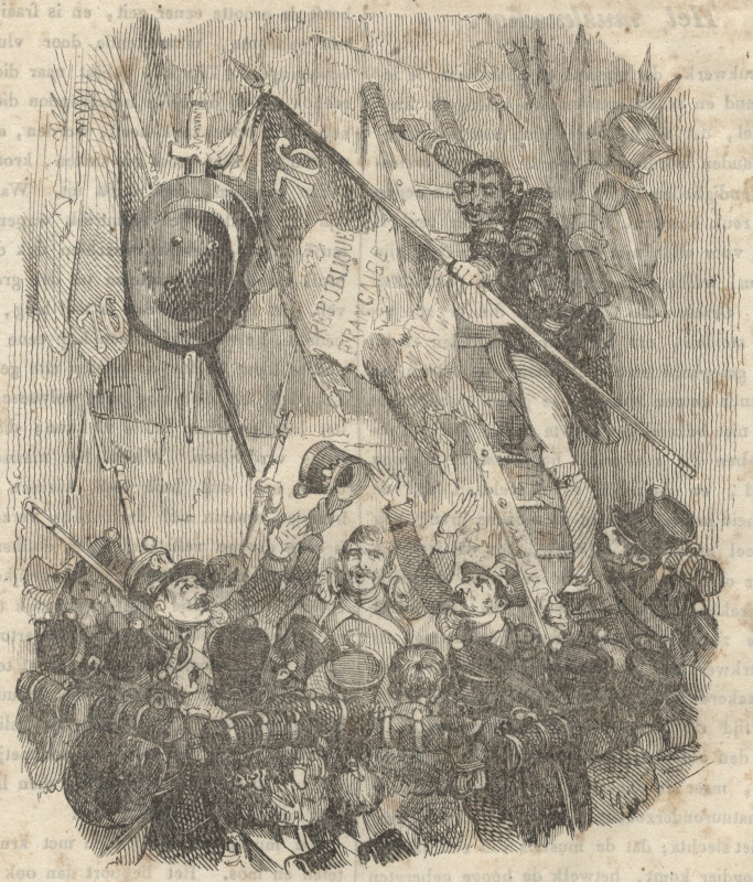 afbeelding van prent Franse soldaten vieren de overwinning bij Austerlitz van nn