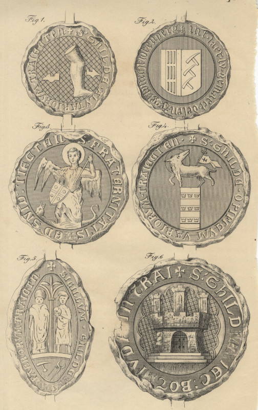 afbeelding van prent De zegels van zes gilden  van N. v.d. Monde