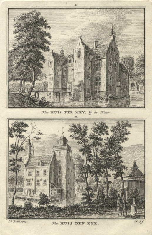 afbeelding van prent Het Huis Ter Mey, by de Haar; Het Huis den Eyk van H. Spilman, naar J. de Beijer (Haarzuilens)
