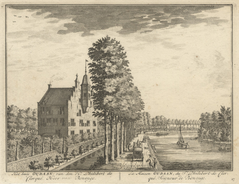 afbeelding van prent Het huis Oudaan; van den Hr. Philibert de Clerque, Heer van Bonenge van D. Stoopendaal (Breukelen)
