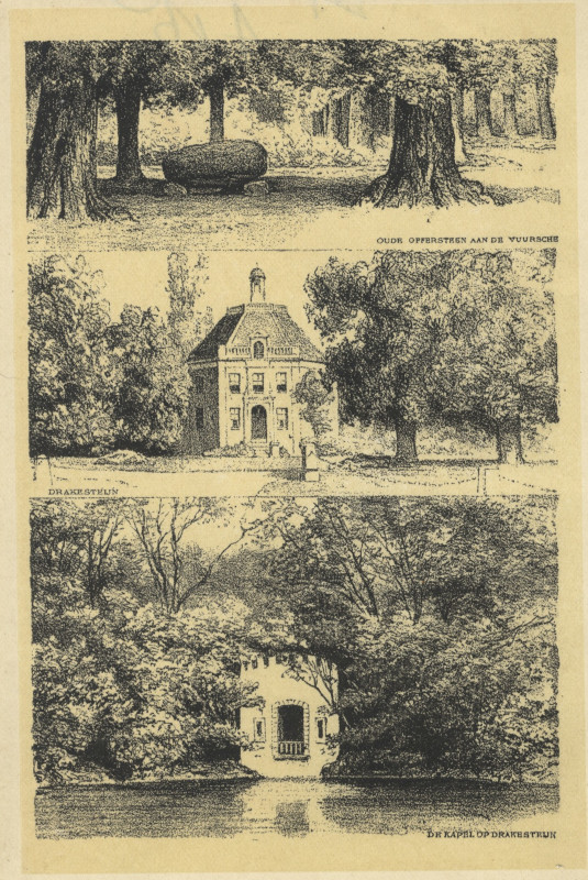 afbeelding van prent Oude offersteen aan de Vuursche; Drakesteijn; De Kapel op Drakesteij van P.A. Schipperus, Joh. Enschede (Lage Vuursche)