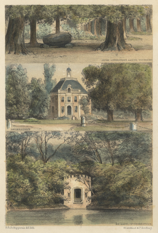 afbeelding van prent Oude offersteen aan de Vuursche; Drakesteijn; De Kapel op Drakesteij van P.A. Schipperus (Lage Vuursche)