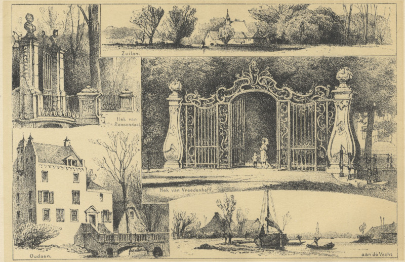 afbeelding van prent Zuilen, Hek van Roosendaal, Hek van Vreedenhoff, Oudaen, aan de Vecht van P.A. Schipperus (Breukelen)