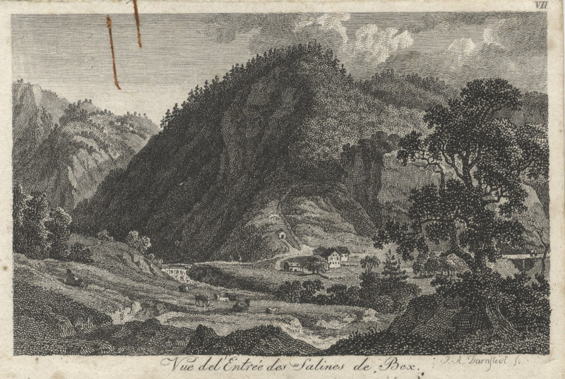 afbeelding van prent Vue del&acute;Entrée des Salines de Bex van F.A. Darnstedt (Bex)