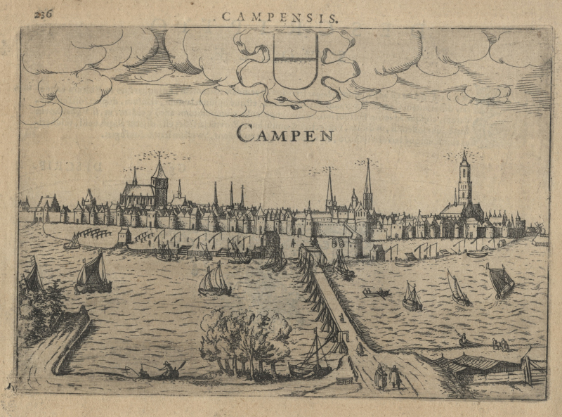 afbeelding van prent Campen, Campensis, stadsgezicht van Kampen van L. Guicciardini (Kampen)