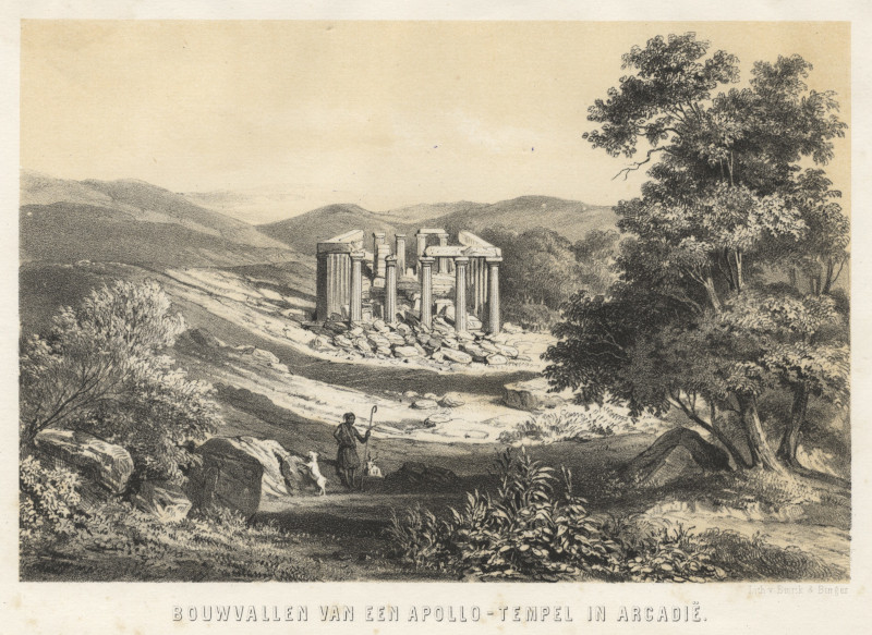 afbeelding van prent Bouwvallen van een Apollo-Tempel in Arcadië van Emrik & Binger