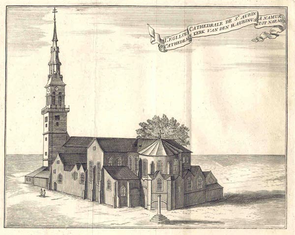 afbeelding van prent L´eglise cathedrale de St Aubin a Namur. Cathedrale kerk van den H. Aubinus tot Naemen van J. Harrewijn (Namen)