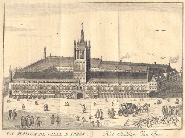 afbeelding van prent La Maison de ville D´ipres. Het stadhuys van Ipre van Harrewijn? (Ipres, Iperen, Yperen, Ypres)