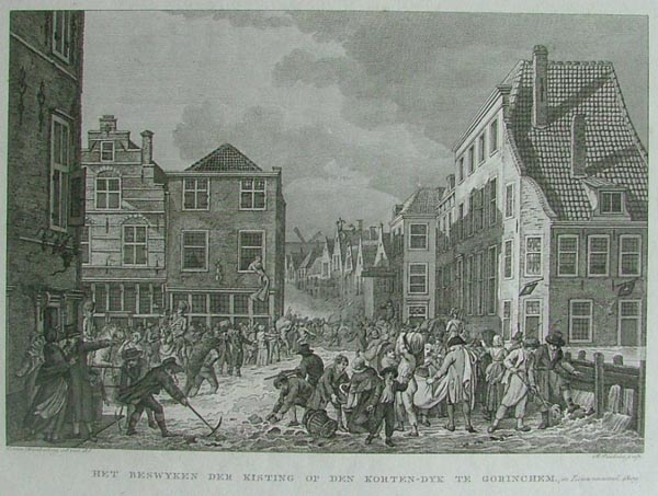 afbeelding van prent Het beswijken der kisting op den Korten-dijk te Groninchem van R. Vinkeles, G. van Hardenberg (Gorinchem)