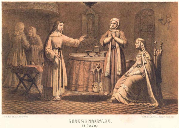 afbeelding van prent Vrouwengewaad (11e eeuw) van v.d. Kellen