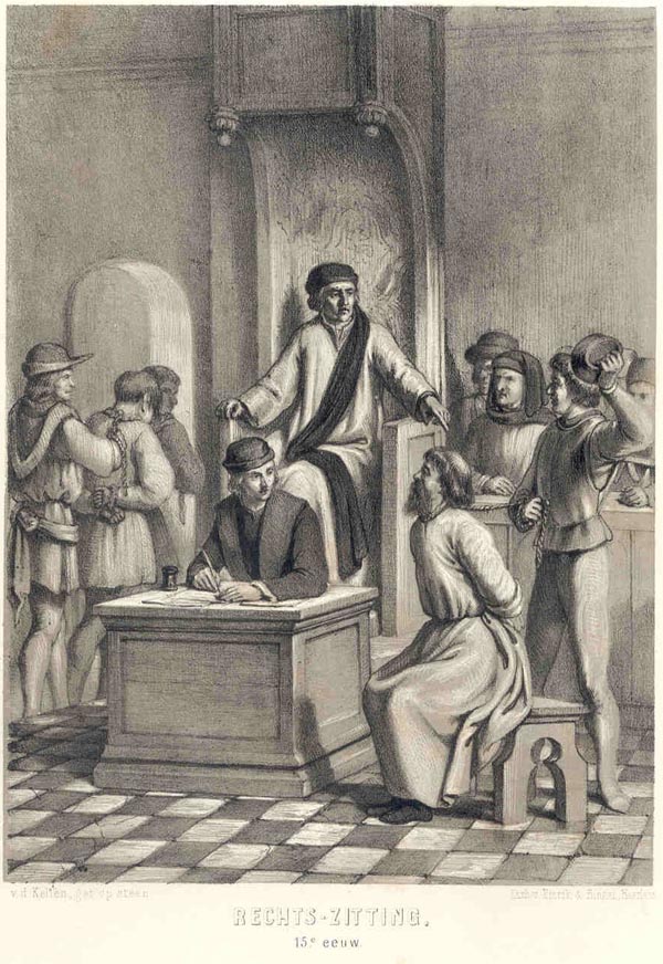 afbeelding van prent Rechts-zitting 15e eeuw van v.d. Kellen