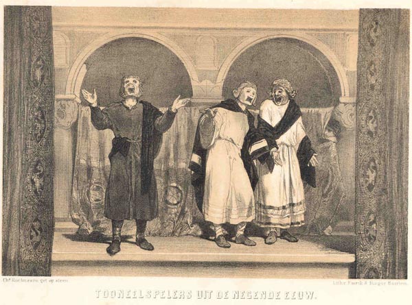 afbeelding van prent Tooneelspelers uit de negende eeuw van Chr. Rochussen